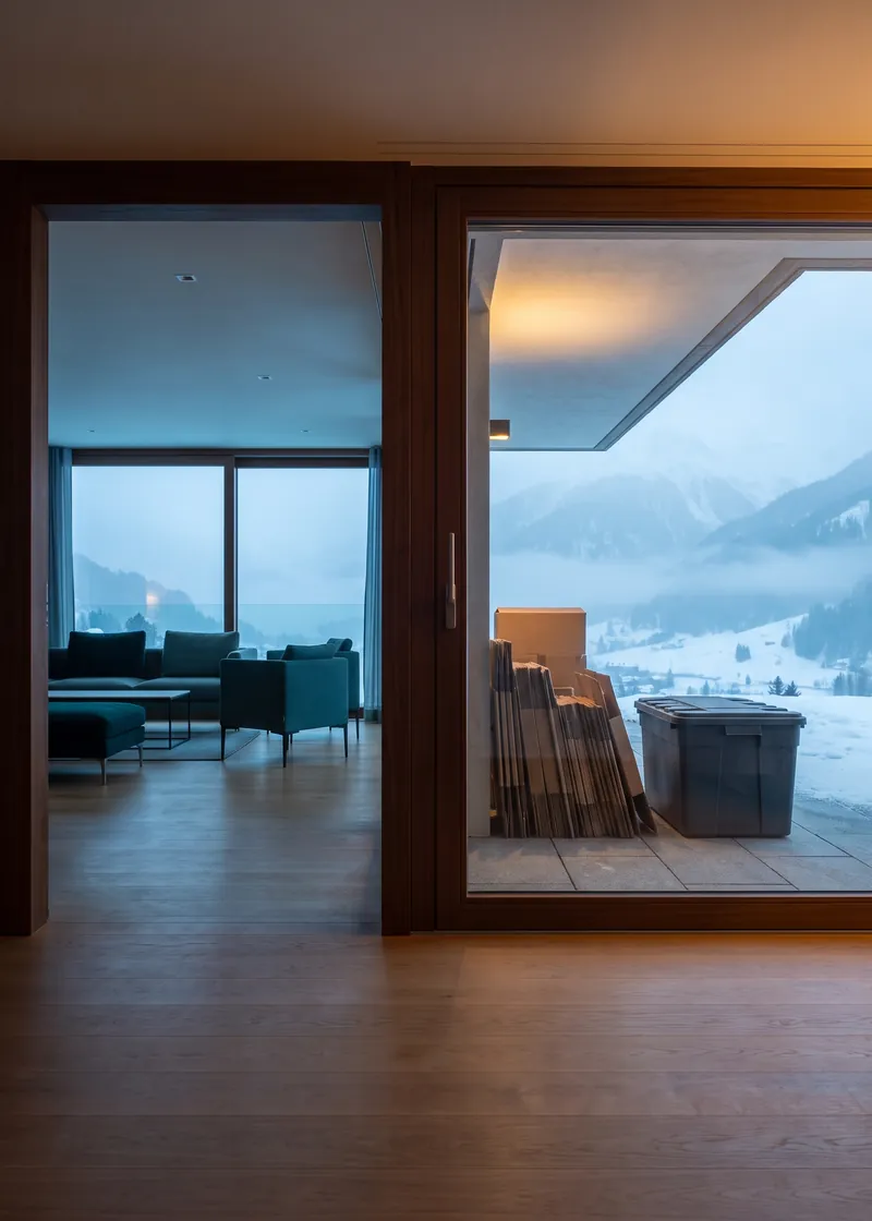 Entsorgung & Räumung Davos: geräumter Raum eines Apartmenthauses, im Hintergrund das verschneite Hochtal von Davos