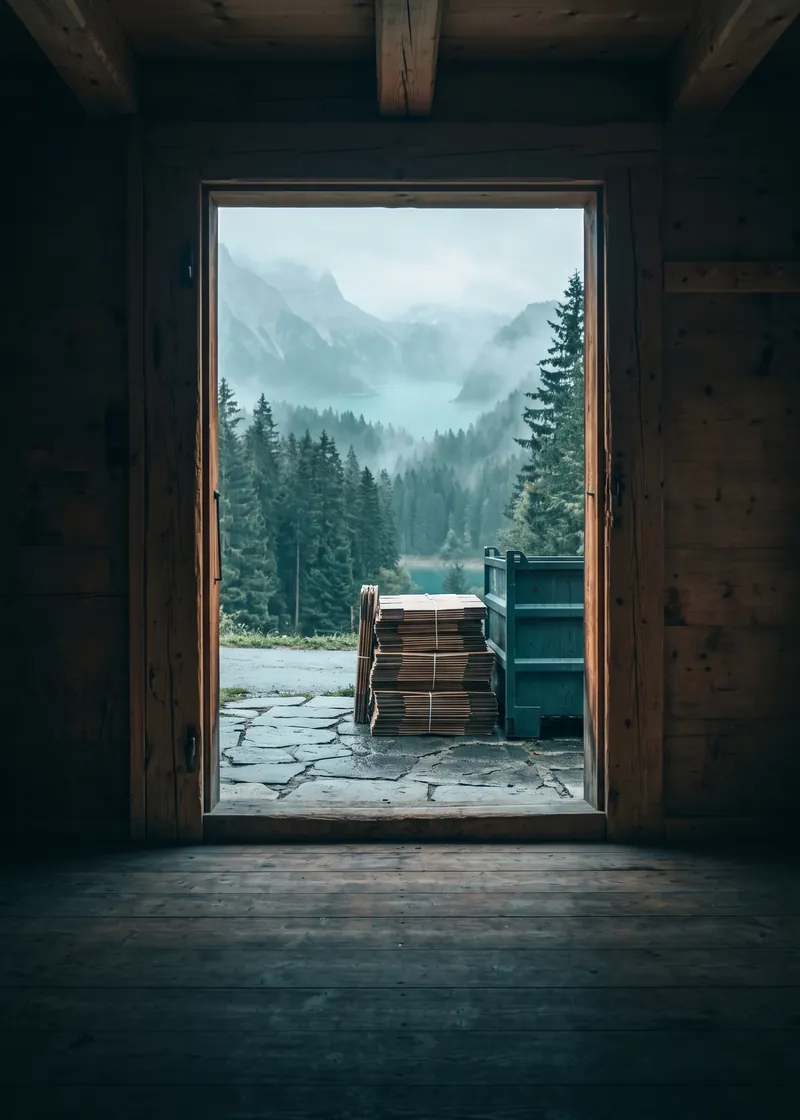 Entsorgung & Räumung Flims: geräumter Raum eines Chalets, im Hintergrund Wald und Bergsee bei Flims