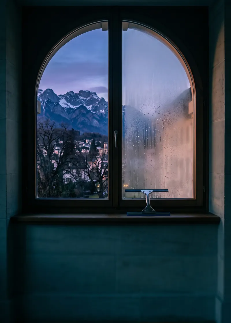Fensterreinigung Bad Ragaz: frisch geputztes Fenster einer eleganten Kurort-Residenz mit Blick auf Park und Pizol in Bad Ragaz