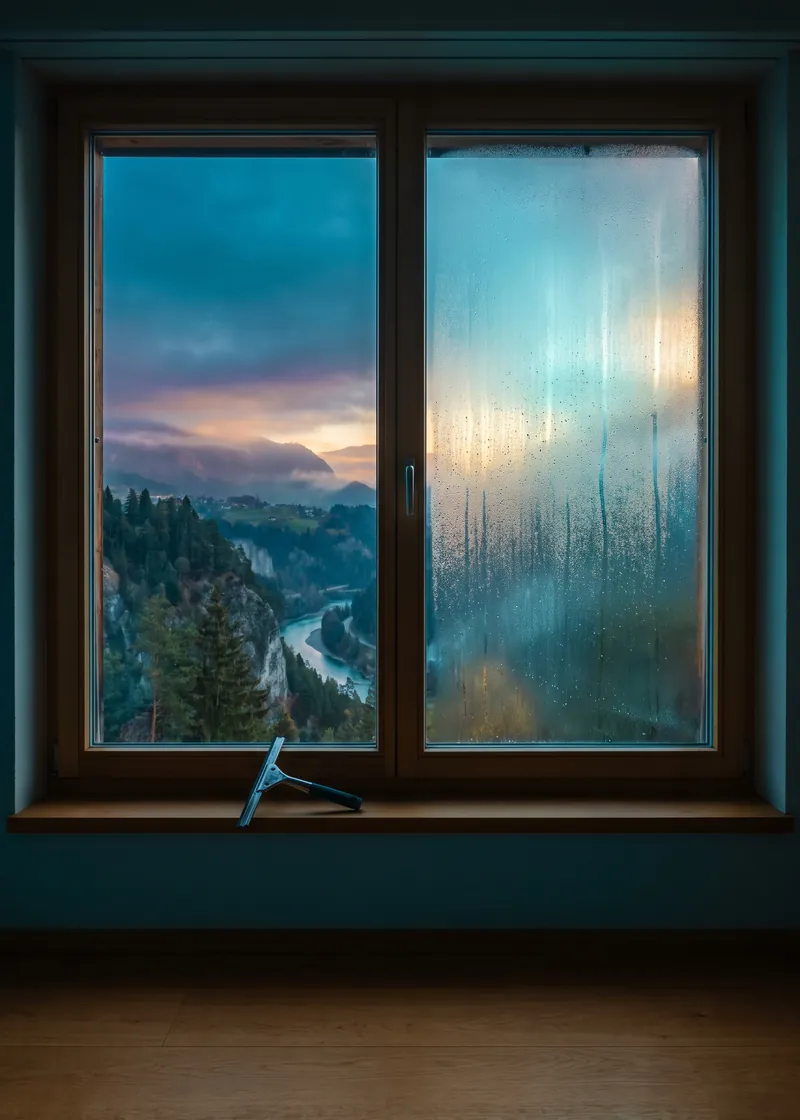 Fensterreinigung Bonaduz: frisch geputztes Fenster eines Einfamilienhauses mit Blick auf die Ebene über der Rheinschlucht