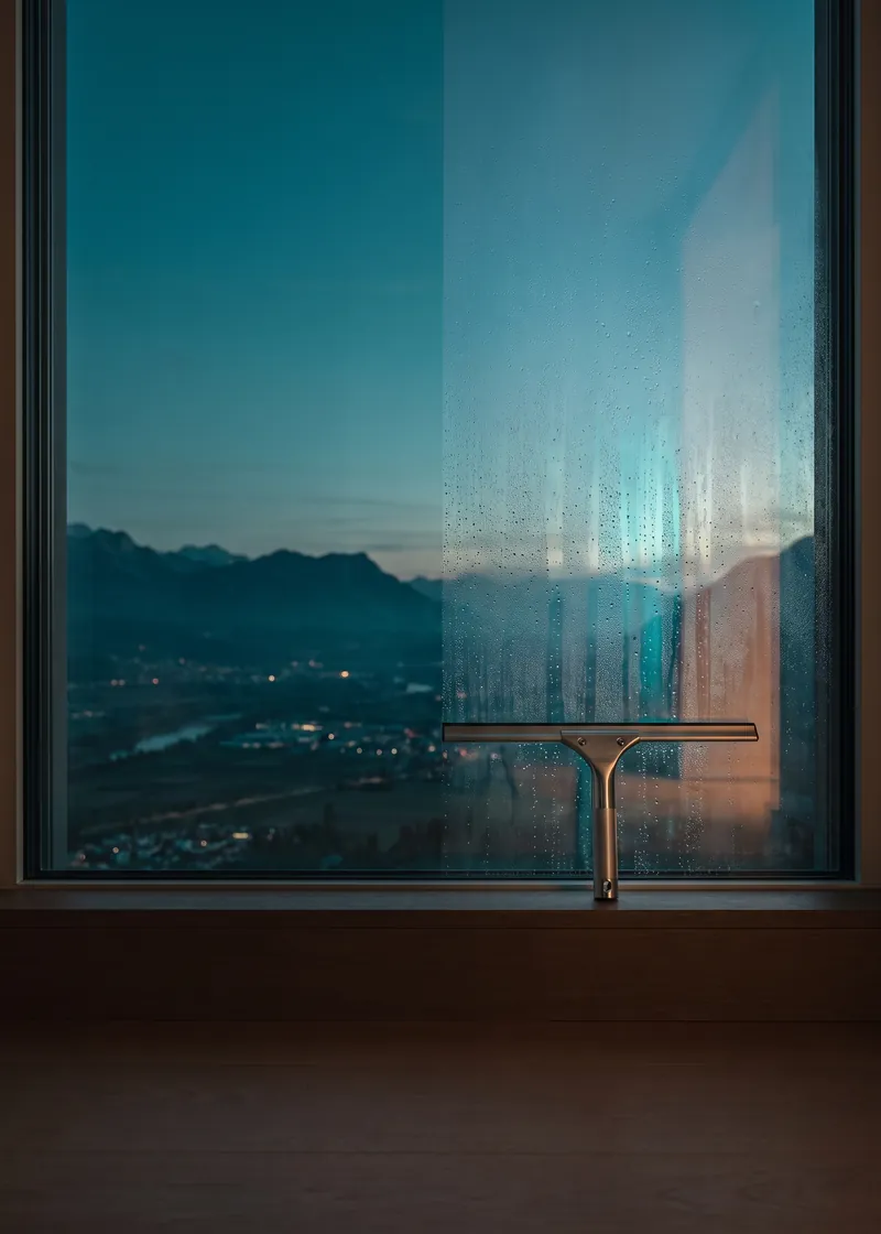 Fensterreinigung Buchs SG: frisch geputztes Fenster eines Mehrfamilienhauses mit Blick auf das Werdenberger Rheintal