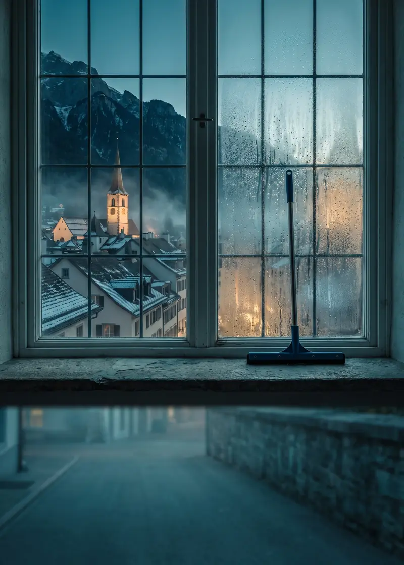 Fensterreinigung Chur: frisch geputztes Fenster eines Altstadthauses mit Blick auf die Churer Altstadt mit dem Calanda
