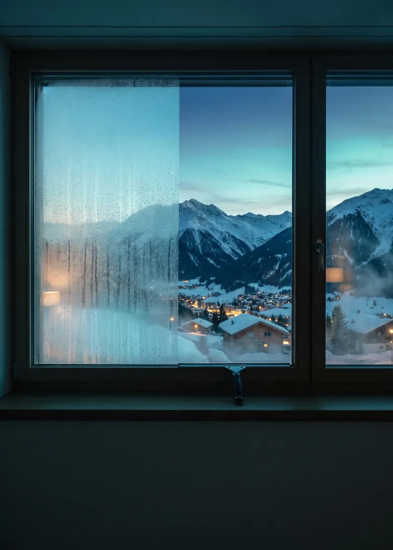 Fensterreinigung Davos: frisch geputztes Fenster eines Apartmenthauses mit Blick auf das verschneite Hochtal von Davos