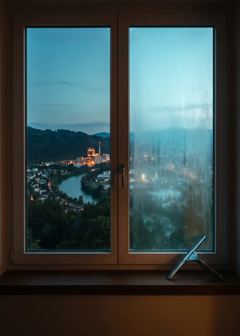 Fensterreinigung Domat/Ems: frisch geputztes Fenster eines Wohnhauses mit Blick auf die bewaldeten Hügel von Domat/Ems