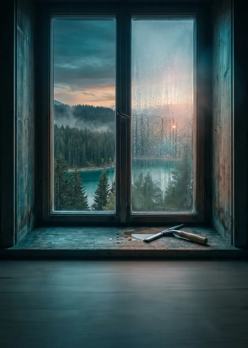 Fensterreinigung Flims: frisch geputztes Fenster eines Chalets mit Blick auf Wald und Bergsee bei Flims