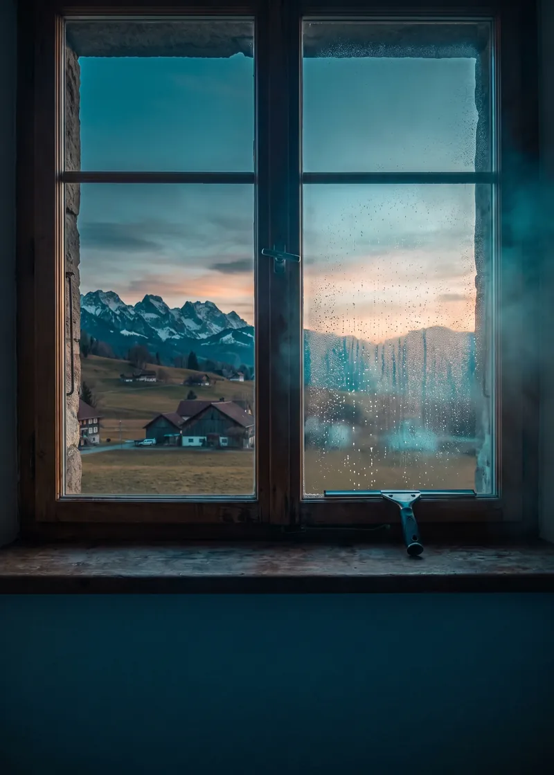 Fensterreinigung Grabs: frisch geputztes Fenster eines Familienhauses mit Blick auf die Wiesen von Grabs und den Alpstein