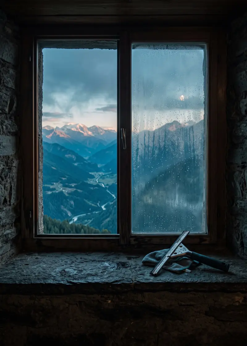 Fensterreinigung Graubünden: frisch geputztes Fenster eines Bündner Steinhauses mit Blick auf die Bündner Berge