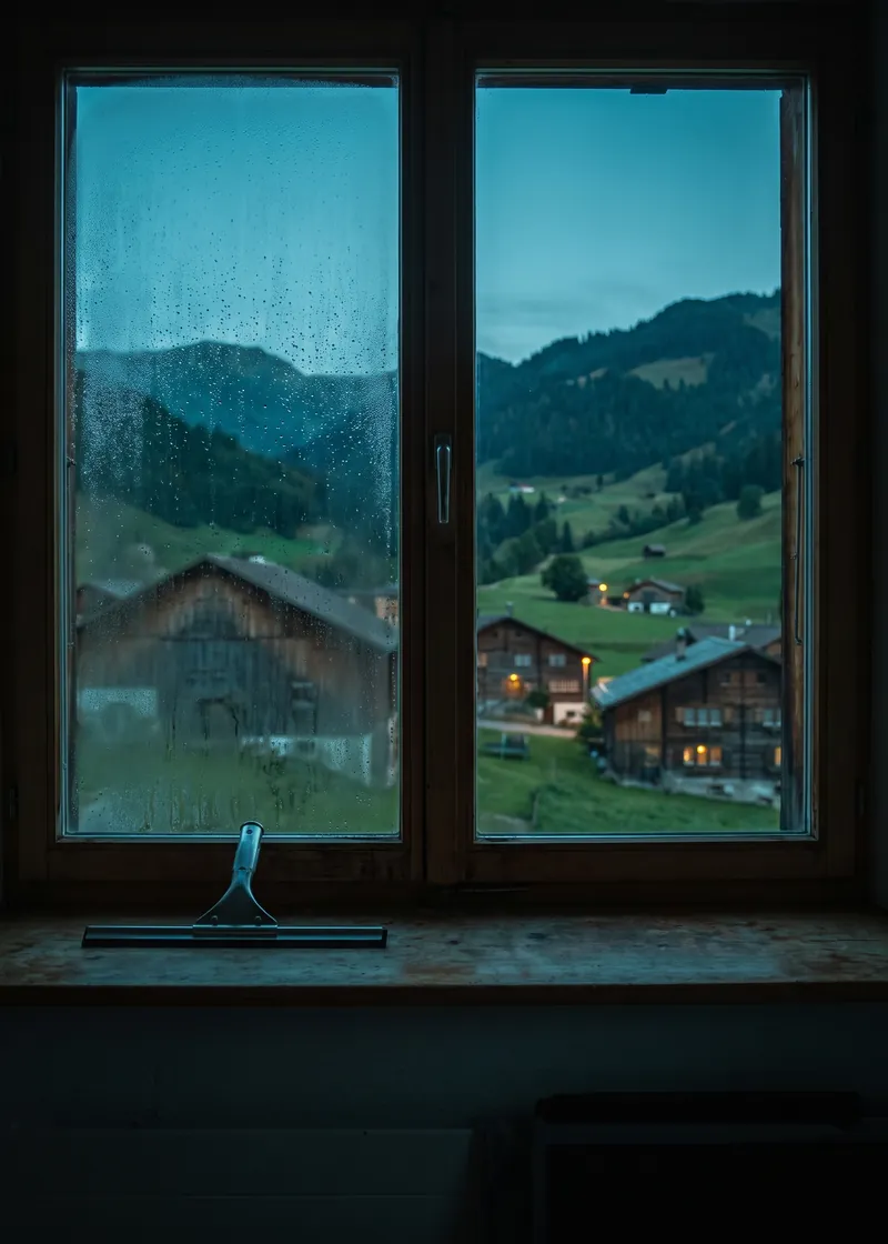 Fensterreinigung Grüsch: frisch geputztes Fenster eines Dorfhauses mit Blick auf den Prättigauer Taleingang