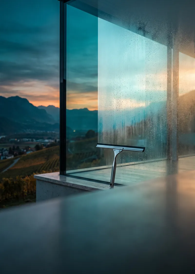 Fensterreinigung Igis: frisch geputztes Fenster einer Wohnüberbauung mit Blick auf die Rheinebene bei Igis
