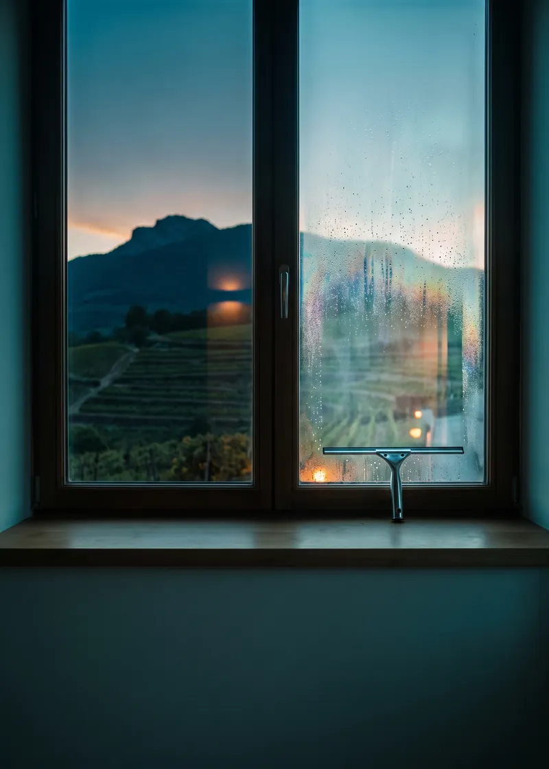 Fensterreinigung Jenins: frisch geputztes Fenster eines Winzerhauses mit Blick auf die Rebberge unter dem Vilan