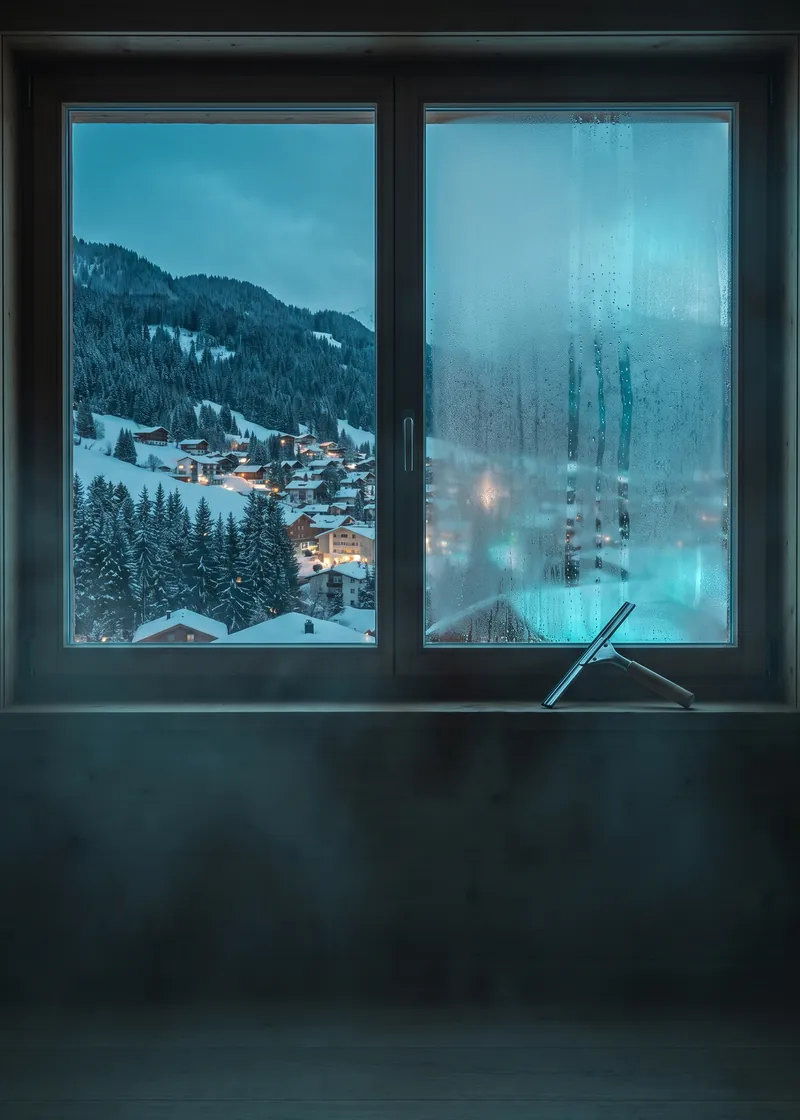 Fensterreinigung Klosters: frisch geputztes Fenster eines Holzchalets mit Blick auf die verschneiten Wälder von Klosters