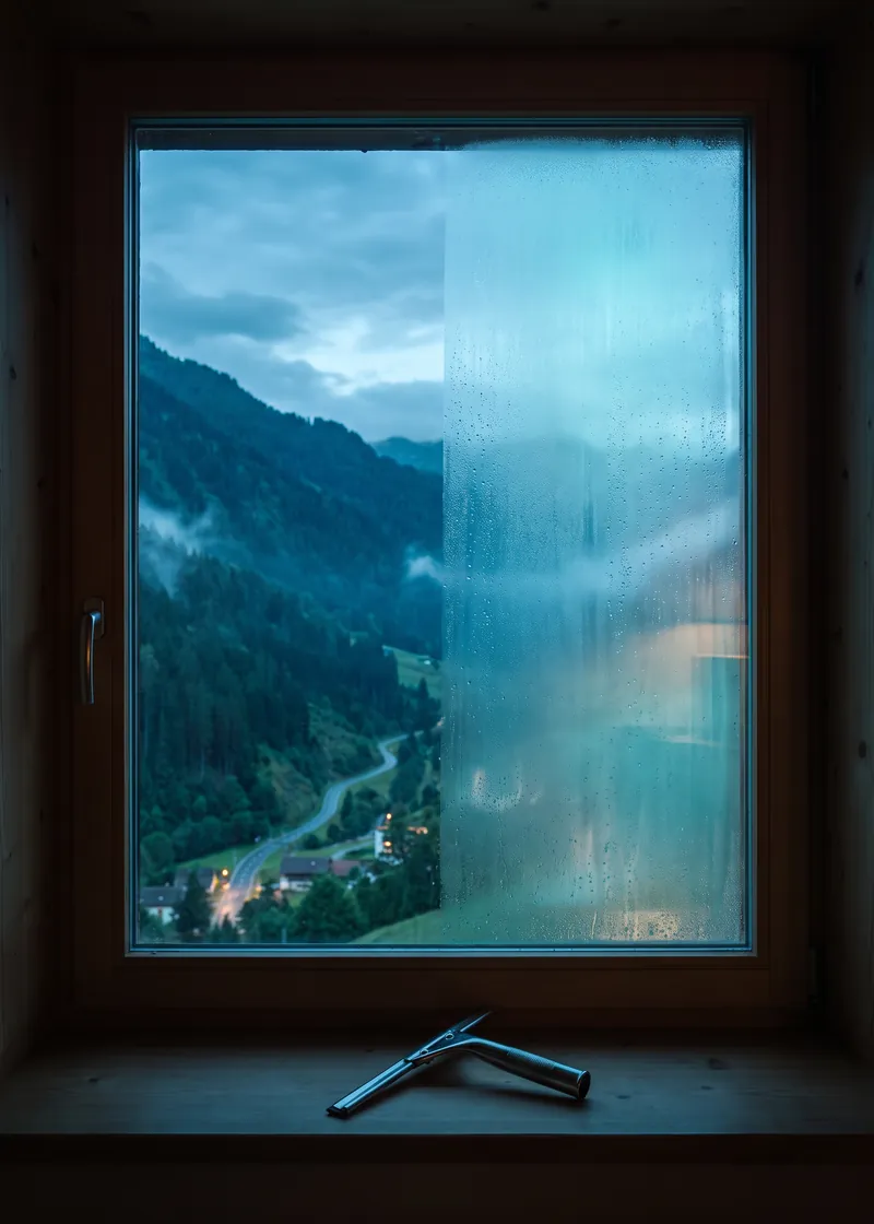 Fensterreinigung Küblis: frisch geputztes Fenster eines Bergdorfhauses mit Blick auf das Prättigau bei Küblis