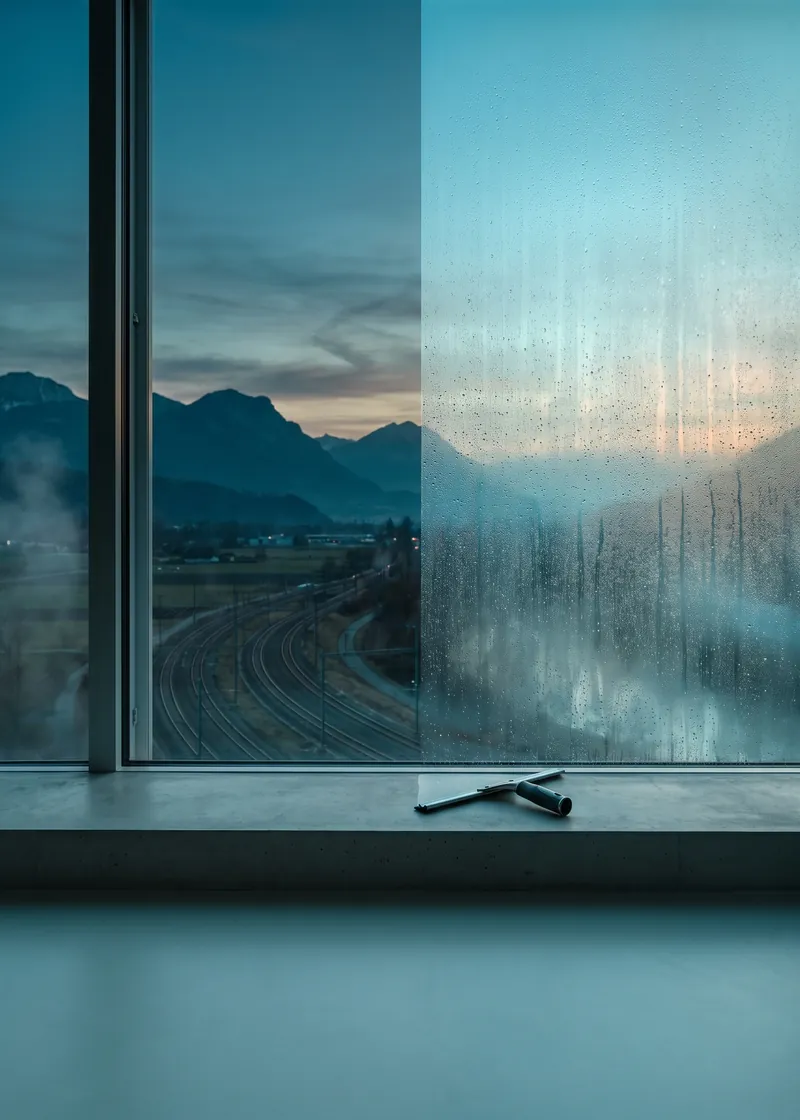 Fensterreinigung Landquart: frisch geputztes Fenster eines modernen Mehrfamilienhauses mit Blick auf die Rheinebene bei Landquart