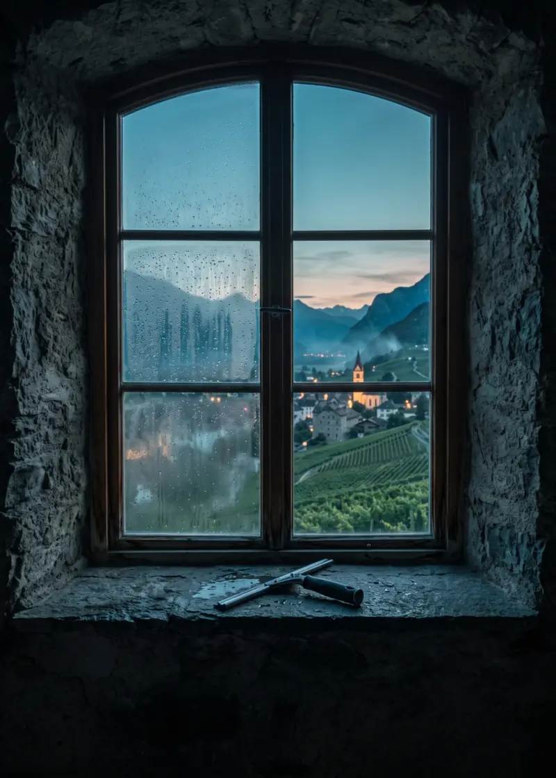 Fensterreinigung Maienfeld: frisch geputztes Fenster eines alten Winzerhauses mit Blick auf die Rebberge von Maienfeld