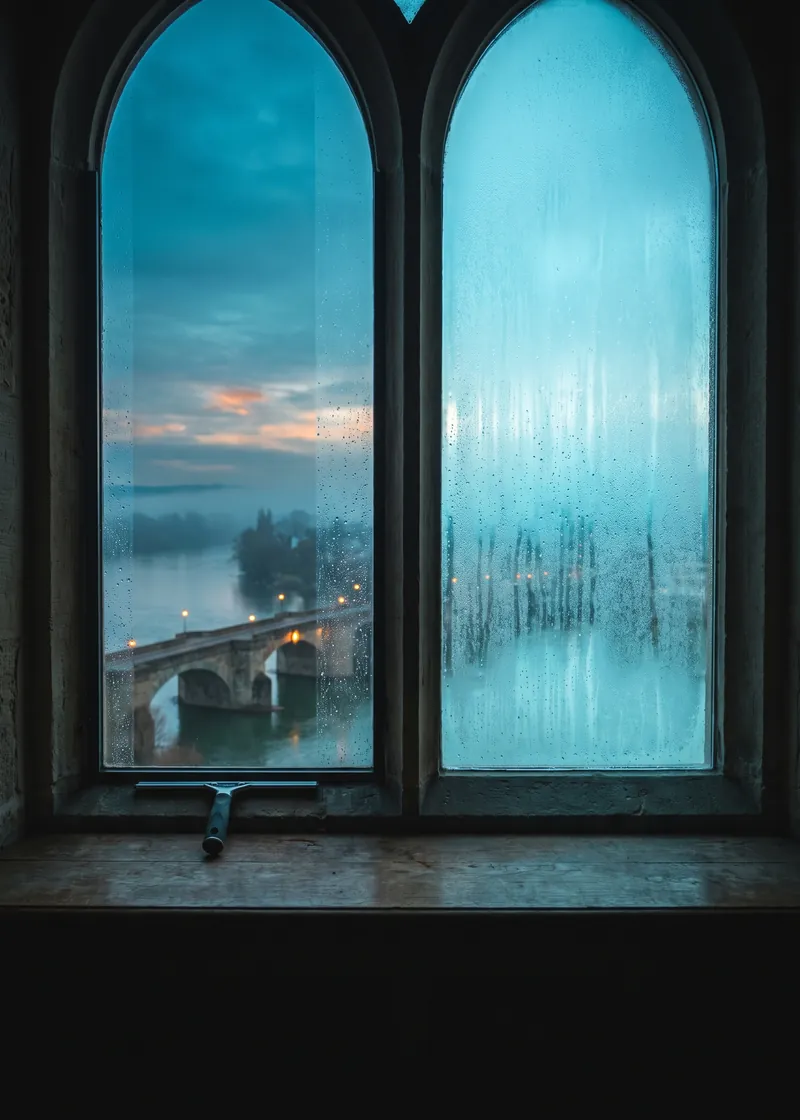 Fensterreinigung Reichenau: frisch geputztes Fenster eines historischen Herrschaftshauses mit Blick auf den Zusammenfluss der Rheine bei Reichenau
