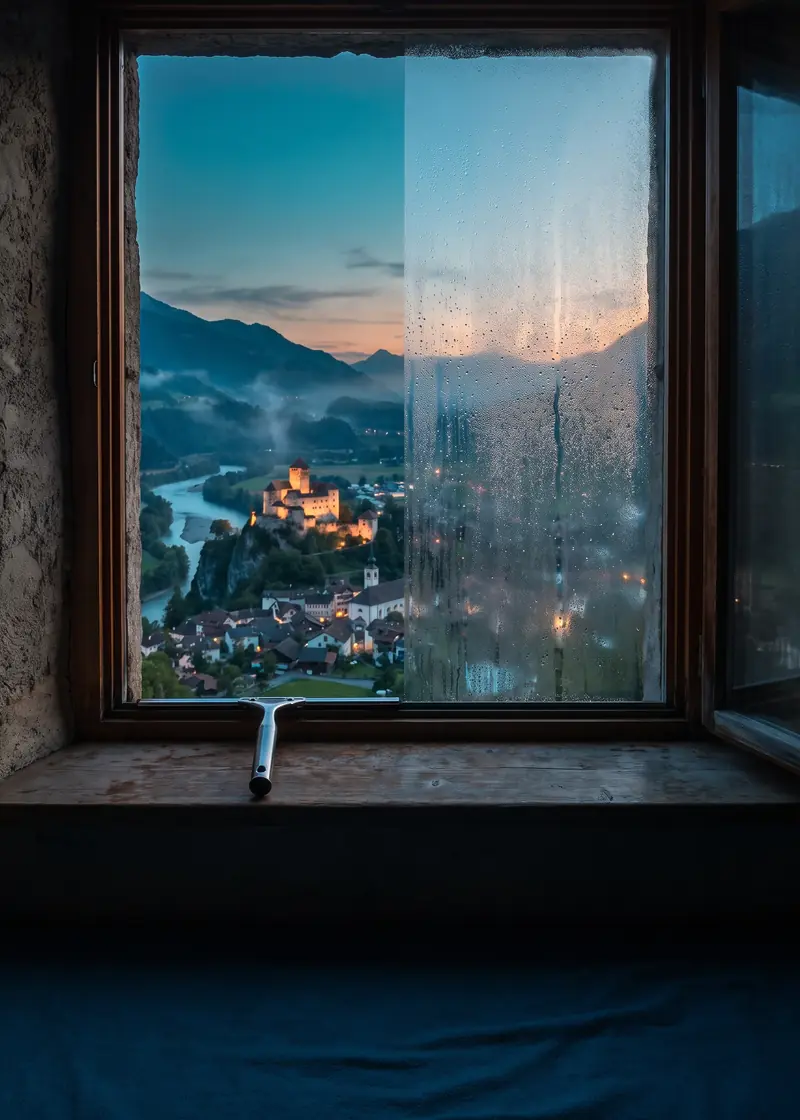 Fensterreinigung Rhäzüns: frisch geputztes Fenster eines Dorfhauses mit Blick auf das Schloss über dem Hinterrhein