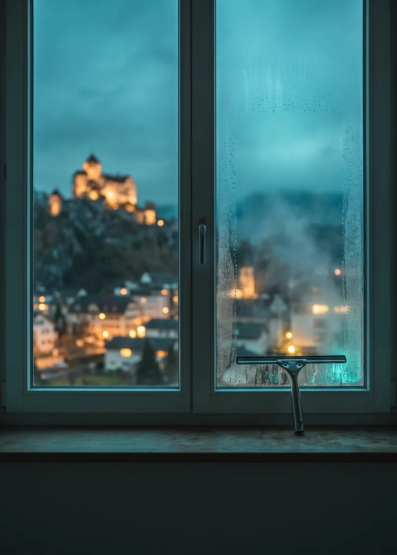 Fensterreinigung Sargans: frisch geputztes Fenster eines Stadthauses mit Blick auf Sargans mit seinem Schloss