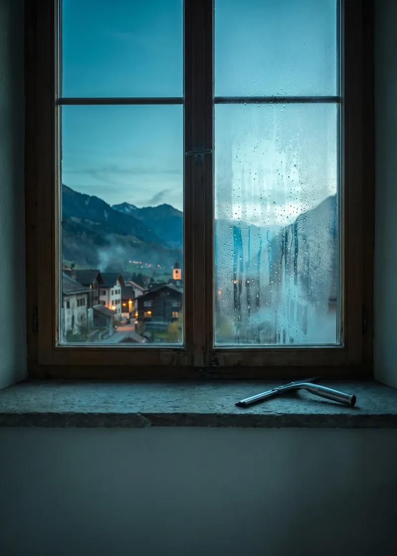 Fensterreinigung Schiers: frisch geputztes Fenster eines grossen Dorfhauses mit Blick auf das mittlere Prättigau bei Schiers