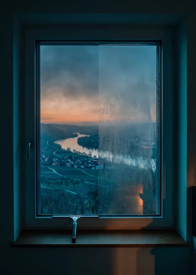 Fensterreinigung Sevelen: frisch geputztes Fenster eines Familienhauses mit Blick auf die Obstgärten am Rhein bei Sevelen