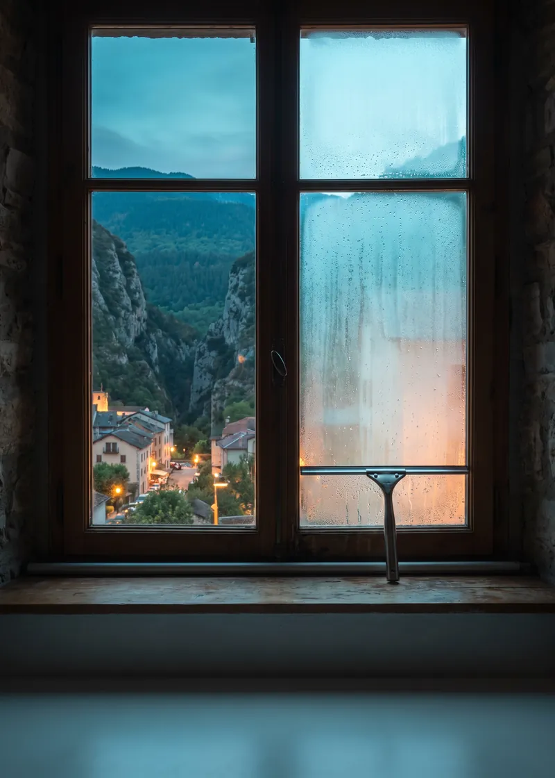 Fensterreinigung Thusis: frisch geputztes Fenster eines Dorfkernhauses mit Blick auf den Eingang der Viamala bei Thusis