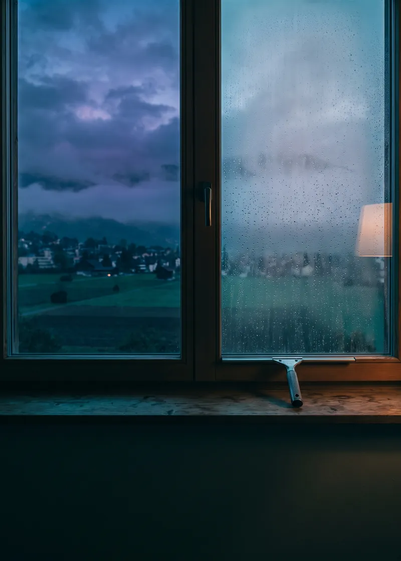 Fensterreinigung Zizers: frisch geputztes Fenster eines Einfamilienhauses mit Blick auf die Felder bei Zizers
