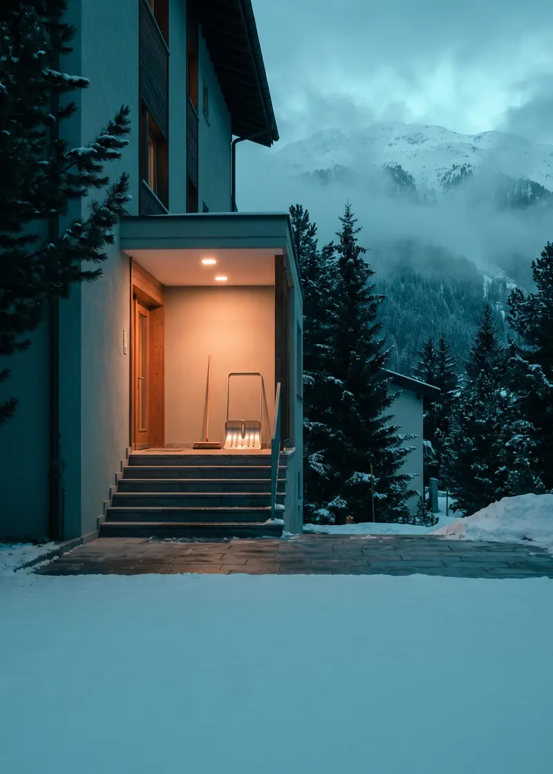 Hauswartung Davos: gepflegter Eingang eines Apartmenthauses, dahinter das verschneite Hochtal von Davos