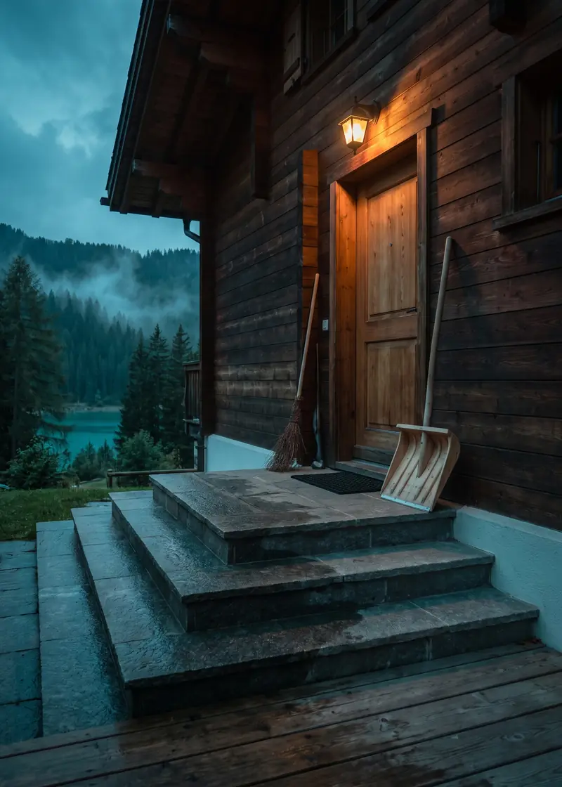 Hauswartung Flims: gepflegter Eingang eines Chalets, dahinter Wald und Bergsee bei Flims