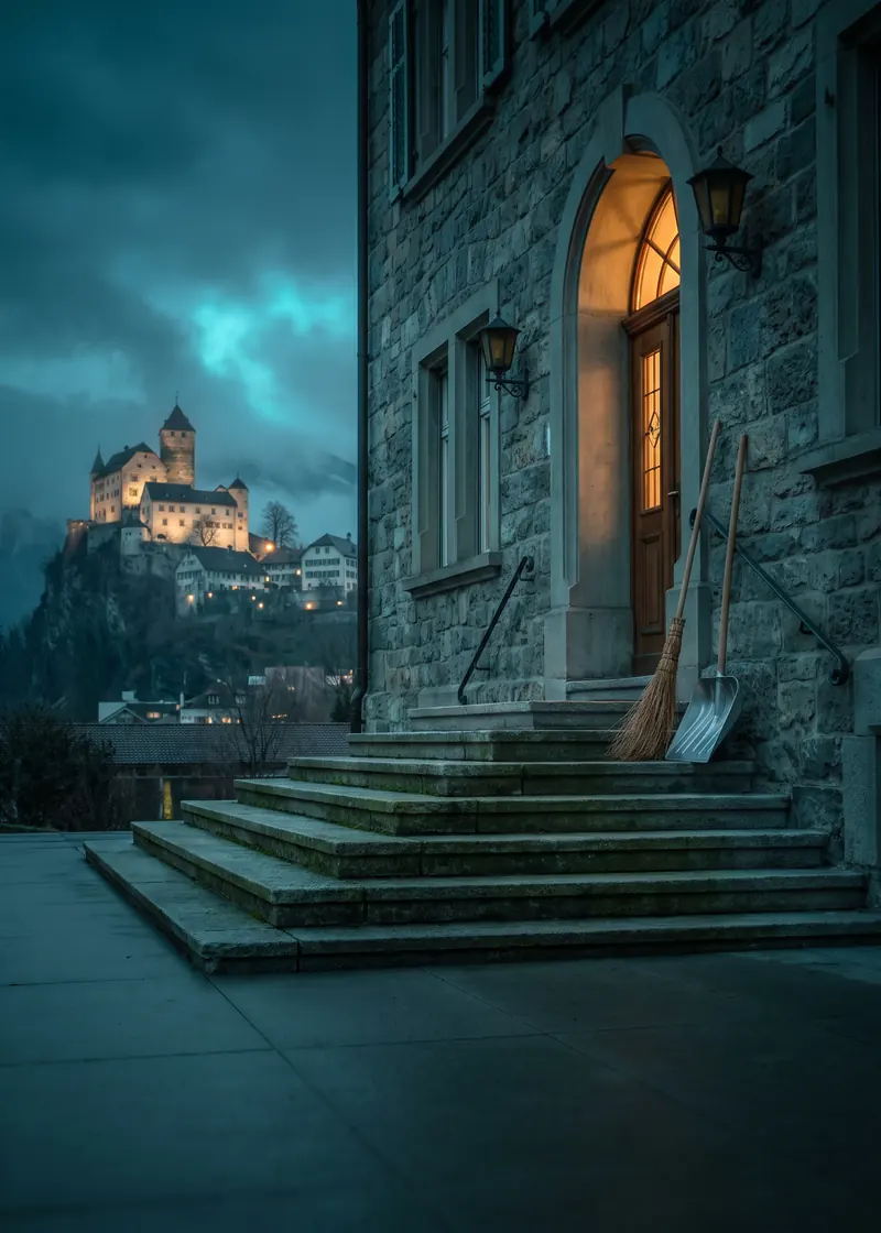 Hauswartung Sargans: gepflegter Eingang eines Stadthauses, dahinter Sargans mit seinem Schloss