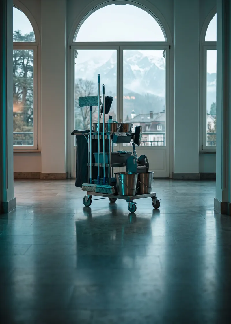 Reinigungsfirma Bad Ragaz: Reinigungswagen im Flur einer eleganten Kurort-Residenz mit Blick auf Park und Pizol in Bad Ragaz
