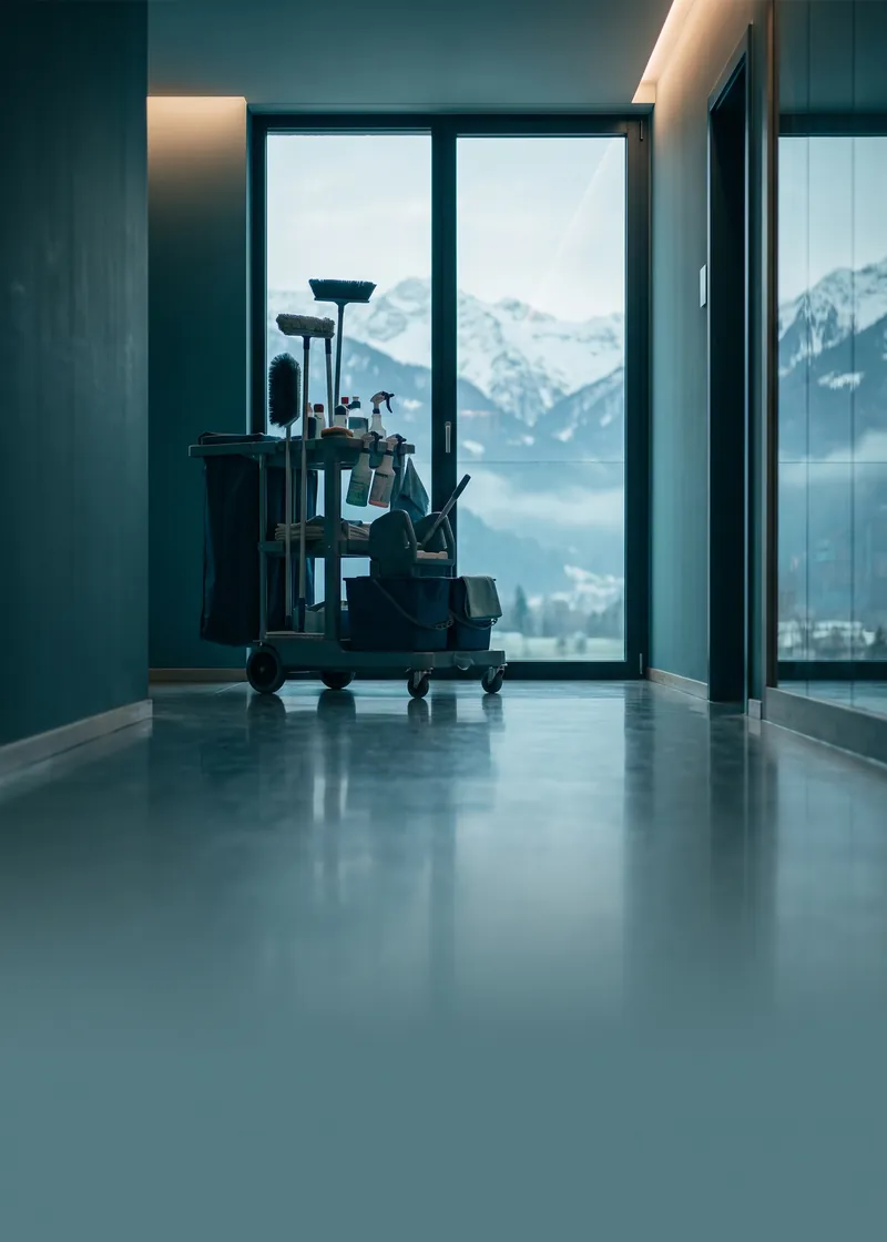Reinigungsfirma Davos: Reinigungswagen im Flur eines Apartmenthauses mit Blick auf das verschneite Hochtal von Davos