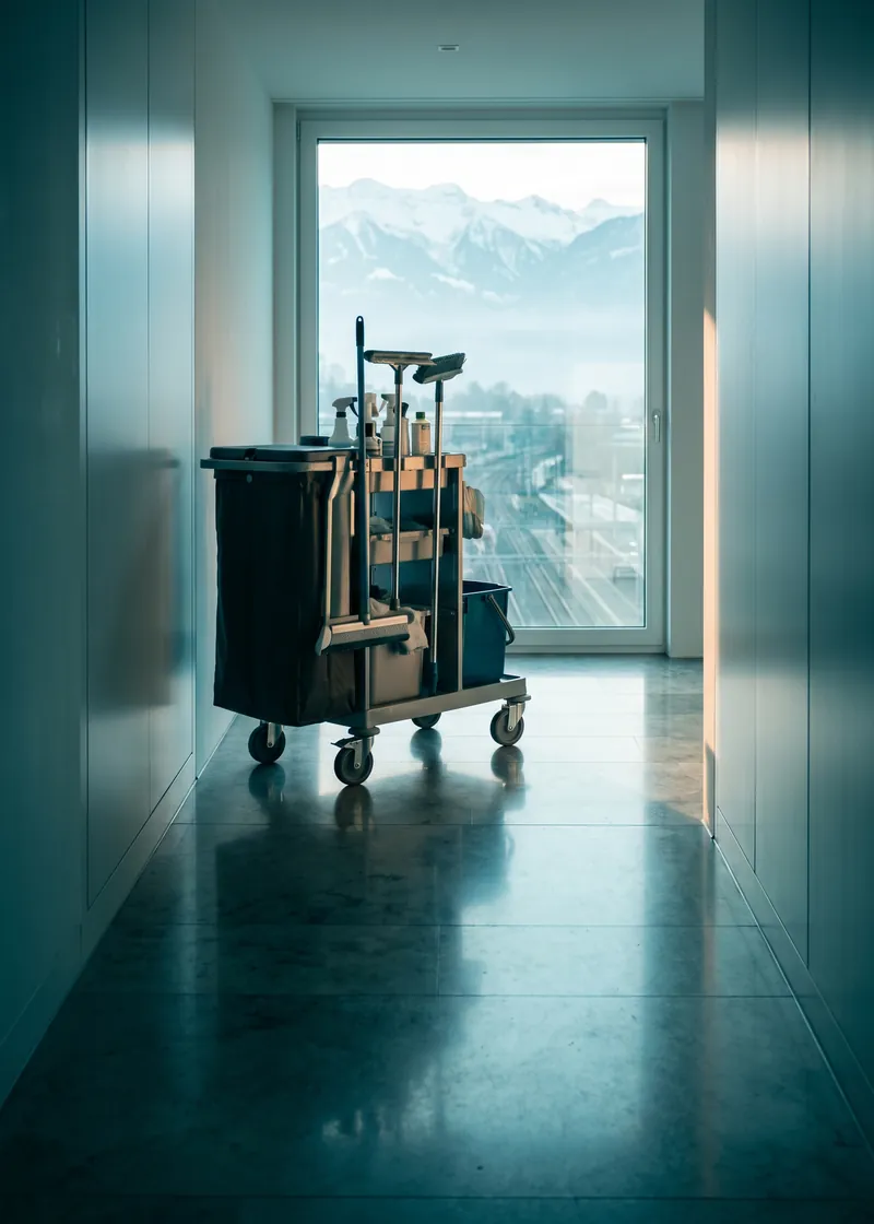 Reinigungsfirma Landquart: Reinigungswagen im Flur eines modernen Mehrfamilienhauses mit Blick auf die Rheinebene bei Landquart