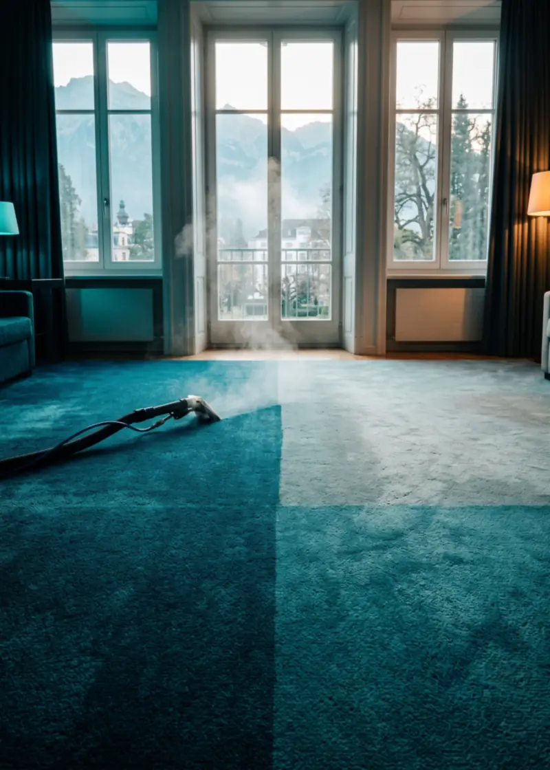 Teppichreinigung Bad Ragaz: halb tiefengereinigter Teppich in der Stube einer eleganten Kurort-Residenz, draussen Park und Pizol in Bad Ragaz
