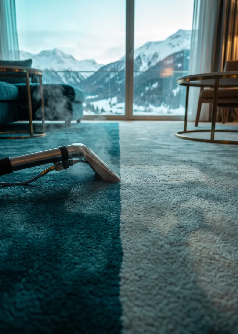 Teppichreinigung Davos: halb tiefengereinigter Teppich in der Stube eines Apartmenthauses, draussen das verschneite Hochtal von Davos