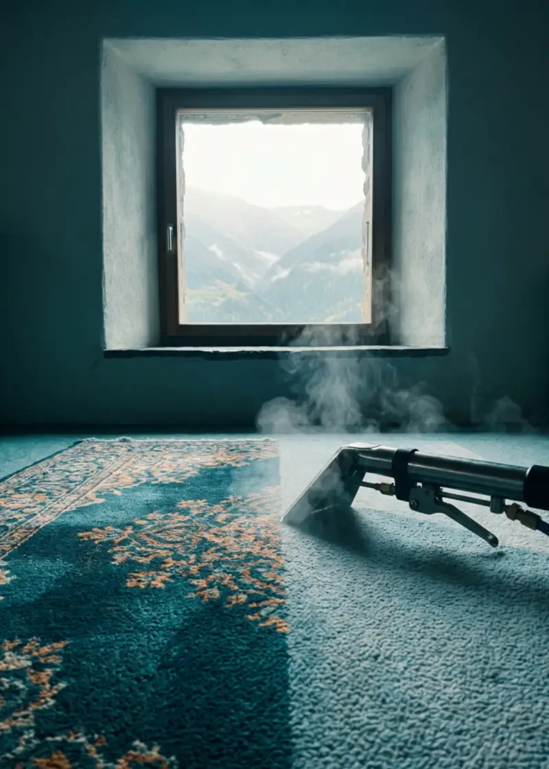 Teppichreinigung Graubünden: halb tiefengereinigter Teppich in der Stube eines Bündner Steinhauses, draussen die Bündner Berge