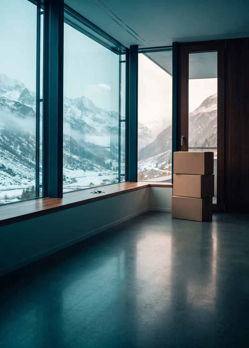 Umzugsreinigung Davos: leere, gereinigte Räume eines Apartmenthauses mit Blick auf das verschneite Hochtal von Davos