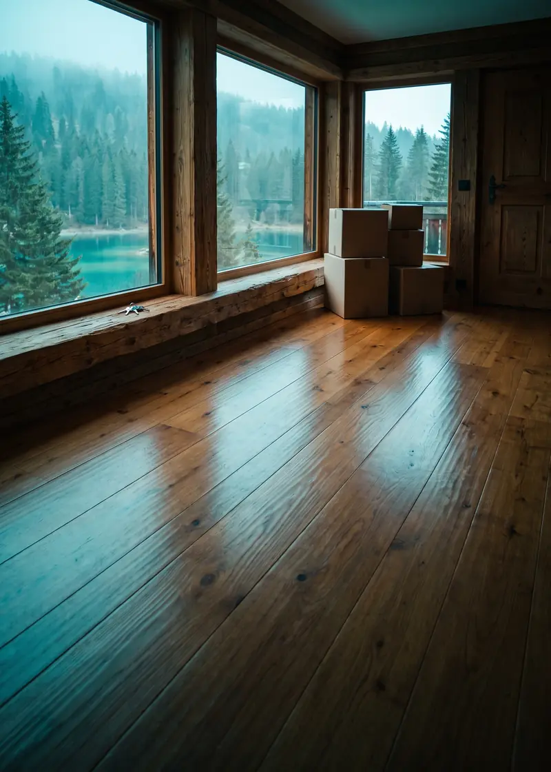 Umzugsreinigung Flims: leere, gereinigte Räume eines Chalets mit Blick auf Wald und Bergsee bei Flims