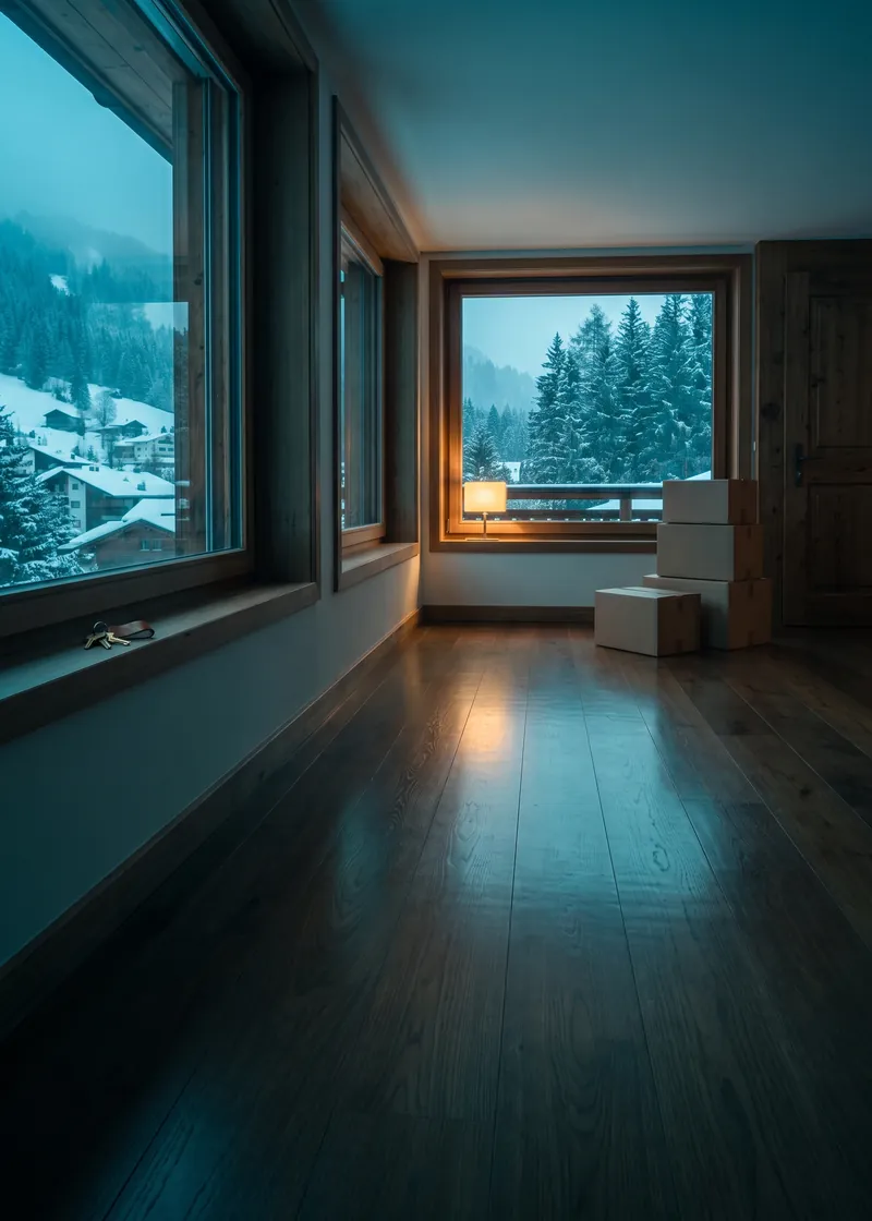 Umzugsreinigung Klosters: leere, gereinigte Räume eines Holzchalets mit Blick auf die verschneiten Wälder von Klosters