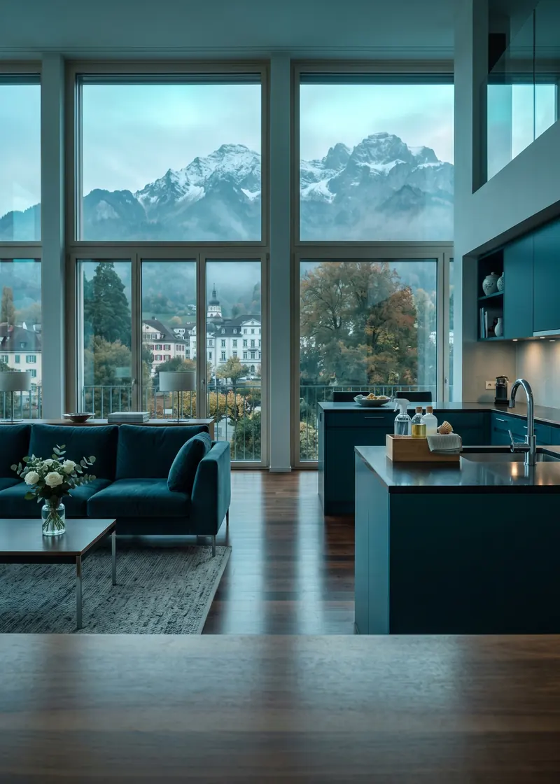 Wohnungsreinigung Bad Ragaz: frisch gereinigte Wohnung einer eleganten Kurort-Residenz mit Blick auf Park und Pizol in Bad Ragaz