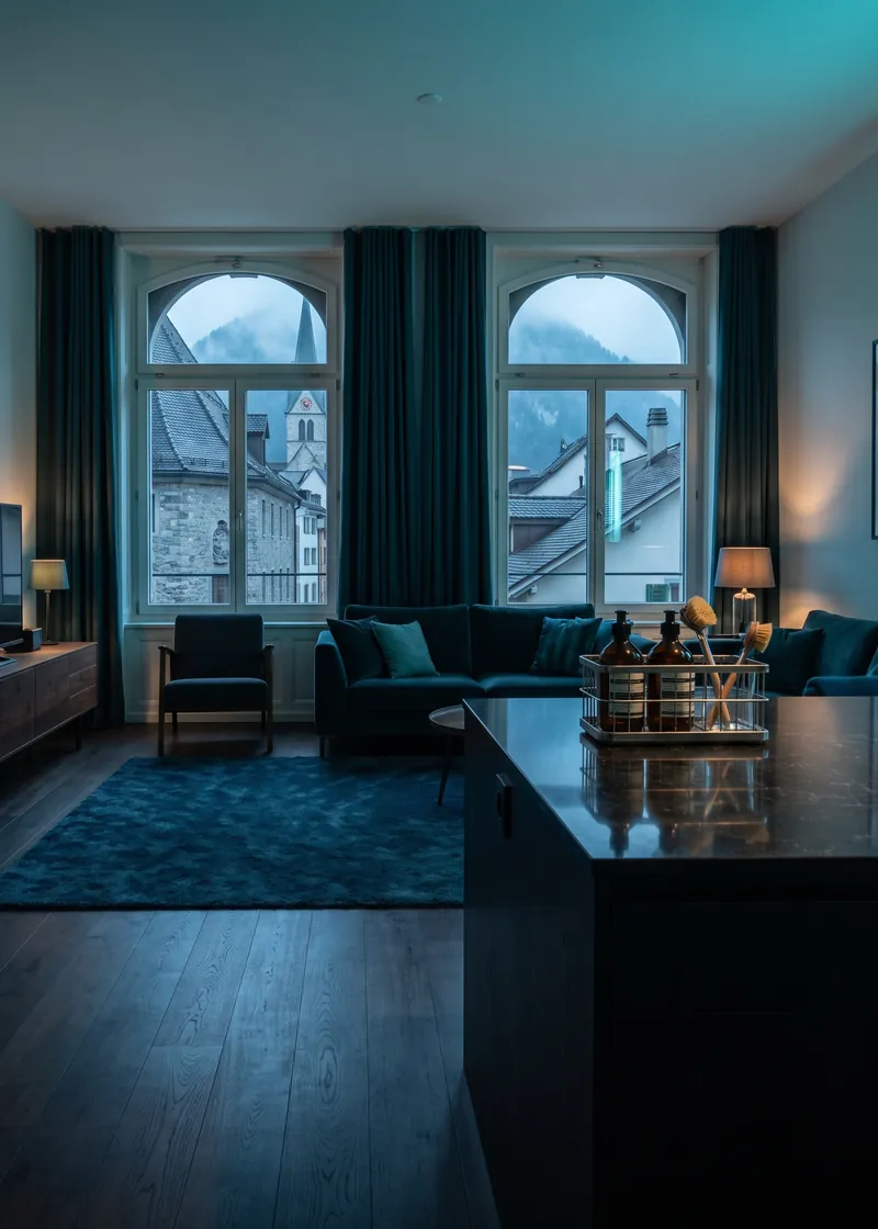 Wohnungsreinigung Chur: frisch gereinigte Wohnung eines Altstadthauses mit Blick auf die Churer Altstadt mit dem Calanda