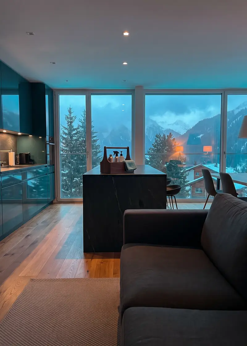 Wohnungsreinigung Davos: frisch gereinigte Wohnung eines Apartmenthauses mit Blick auf das verschneite Hochtal von Davos