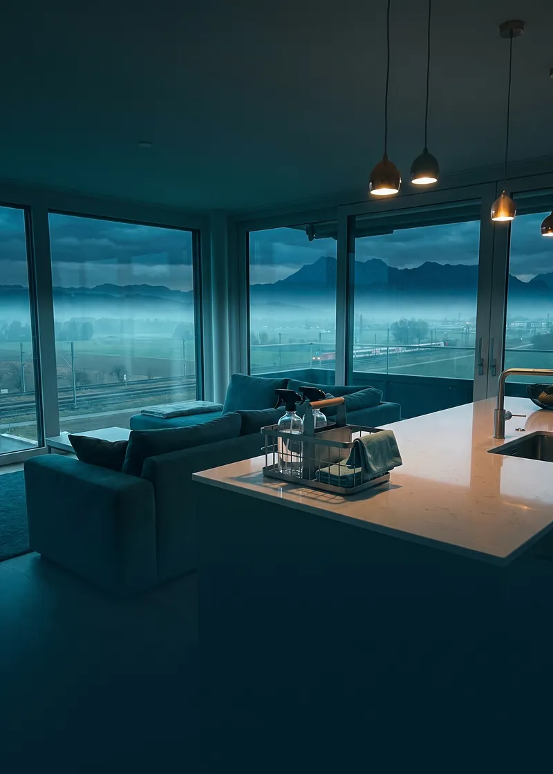 Wohnungsreinigung Landquart: frisch gereinigte Wohnung eines modernen Mehrfamilienhauses mit Blick auf die Rheinebene bei Landquart
