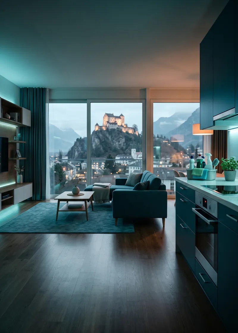 Wohnungsreinigung Sargans: frisch gereinigte Wohnung eines Stadthauses mit Blick auf Sargans mit seinem Schloss
